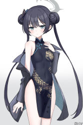 Rule 34 | 1girl, black coat, black dress, black hair, blue archive, butterfly hair ornament, china dress, chinese clothes, coat, commentary request, double bun, dress, grey eyes, groin, hair between eyes, hair bun, hair ornament, halo, highres, kisaki (blue archive), long hair, looking at viewer, neko huan, no panties, open clothes, open coat, pelvic curtain, side slit, sidelocks, simple background, sleeveless, sleeveless turtleneck dress, solo, twintails, white background