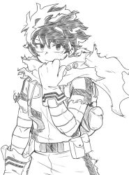 Rule 34 | 1boy, absurdres, backpack, bag, belt, boku no hero academia, crosshatching, dashi (dashiart), expressionless, eyebrows hidden by hair, freckles, gloves, greyscale, hatching (texture), highres, male focus, midoriya izuku, monochrome, pouch, scarf, solo, torn clothes, torn scarf, upper body