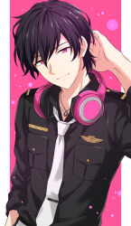 Rule 34 | 1boy, absurdres, arm at side, black hair, breast pocket, character request, closed mouth, commentary request, headphones, headphones around neck, helios rising heroes, high collar, highres, jewelry, long sleeves, looking at viewer, male focus, necklace, necktie, partial commentary, pink eyes, pocket, sekina, short hair, sleeves past elbows, solo, upper body, white necktie
