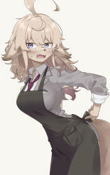 Rule 34 | 1girl, ahoge, animal ears, apron, bent over, blush, bow, breasts, commentary request, cowboy shot, fur, furry, furry female, glasses, grey background, hair between eyes, highres, huge ahoge, large breasts, long hair, looking at viewer, necktie, open mouth, original, shorts, simple background, solo, sumiya nadateru, sweatdrop, tail, teeth, tongue