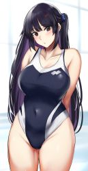 Rule 34 | 1girl, absurdres, bare shoulders, black hair, blue scrunchie, blush, breasts, brown eyes, copyright request, covered navel, cowboy shot, hara mizuki, highleg, highleg swimsuit, highres, kusahagane, large breasts, long hair, looking at viewer, mole, mole under eye, one-piece swimsuit, original, scrunchie, solo, standing, swimsuit