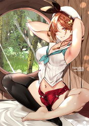 1girl, armpits, arms behind head, atelier (series), atelier ryza, atelier ryza 2, bare shoulders, barefoot, blush, braid, breasts, brown hair, cleavage, earrings, green neckwear, grin, hair behind ear, indoors, jewelry, key necklace, large breasts, navel, one eye closed, red shorts, reisalin stout, shirt, short hair, short shorts, shorts, side braid, single thighhigh, sitting, sleeveless, sleeveless shirt, smile, spread legs, sydus, thick thighs, thighhighs, thighs, tree bark, white headwear, white shirt