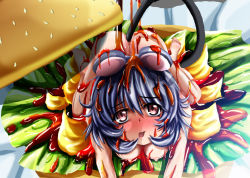 Rule 34 | 1girl, animal ears, bad id, bad pixiv id, blush, breasts, burger, female focus, food, grey hair, in food, kazuna, mini person, minigirl, mouse ears, mouse tail, nazrin, nude, red eyes, short hair, solo, tail, touhou