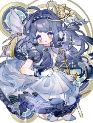 Rule 34 | 1girl, :o, animal ears, arknights, astesia (arknights), astesia (frlibe on the palace) (arknights), bird ears, blue eyes, blue hair, blush, bright pupils, dress, frilled dress, frills, full body, gloves, hair ornament, highres, long hair, looking at viewer, pixelated, saucer (saucer752), solo, sword, weapon, white background, white dress, white gloves, white pupils