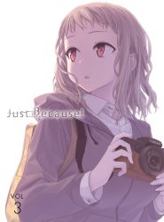 Rule 34 | 1girl, bag, blu-ray cover, bookbag, brown eyes, brown hair, camera, canon (company), character name, commentary request, cover, dvd cover, highres, himura kiseki, hood, hooded jacket, jacket, just because!, komiya ena, parted lips, purple jacket, red eyes, solo, white background