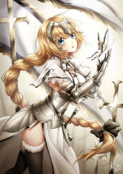 Rule 34 | 1girl, armor, armored dress, bambi nano, black bow, black thighhighs, blonde hair, blue eyes, bow, braid, breasts, bug, butterfly, capelet, cleavage, dress, fate/apocrypha, fate (series), floating hair, fur trim, gauntlets, hair between eyes, hair bow, highres, insect, jeanne d&#039;arc (fate), jeanne d&#039;arc (ruler) (fate), jeanne d&#039;arc (third ascension) (fate), long hair, looking at viewer, medium breasts, open mouth, ponytail, sideboob, single braid, solo, standing, sword, thighhighs, very long hair, weapon, white capelet, white dress