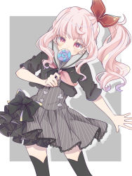 Rule 34 | 1other, absurdres, akiyama mizuki, ambiguous gender, black bow, black jacket, black thighhighs, blush, bow, buttons, candy, club button, commentary, covering own mouth, cowboy shot, cropped jacket, diamond button, dress, dress bow, eyelashes, food, grey dress, hair bow, hand up, heart button, highres, holding, holding candy, holding food, holding lollipop, jacket, lollipop, long hair, muto 095, neckerchief, pink hair, pink neckerchief, ponytail, project sekai, red bow, red eyes, sailor collar, short sleeves, side ponytail, sidelocks, solo, spade button, striped clothes, striped dress, thighhighs, vertical-striped clothes, vertical-striped dress, white sailor collar