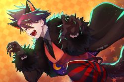 Rule 34 | 1boy, alternate costume, animal ears, belt, black neckwear, checkered background, claws, collared shirt, danganronpa (series), danganronpa v3: killing harmony, fangs, fur-trimmed jacket, fur trim, grey shirt, halloween costume, hands up, highres, jacket, male focus, momota kaito, nagi to (kennkenn), necktie, open mouth, orange background, pants, pointy nose, red vest, shirt, smile, space print, star (symbol), starry sky print, striped clothes, striped pants, tail, vest, wolf ears, wolf paws, wolf tail