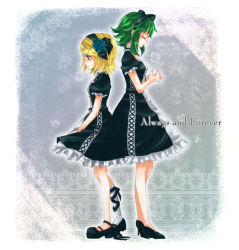 Rule 34 | 2girls, always and forever (vocaloid), back-to-back, bad id, bad pixiv id, blonde hair, blue eyes, blue flower, blue rose, bow, choker, dress, english text, closed eyes, flower, green hair, gumi, hair bow, hair ornament, hairclip, own hands clasped, high heels, kagamine rin, mitsuka, multiple girls, own hands together, profile, rose, shoes, short hair, single sock, socks, vocaloid