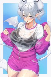 Rule 34 | 1girl, blue background, blush, breasts, cleavage, cowboy shot, demon girl, demon horns, demon tail, demon wings, duel monster, grey eyes, hands up, highres, horns, jacket, large breasts, long sleeves, looking at viewer, lovely labrynth of the silver castle, low wings, open clothes, open jacket, pointy ears, sayaka ikku, see-through, shirt, short hair, short shorts, shorts, solo, sports bra, tail, track jacket, twintails, two-tone background, wet, wet clothes, wet shirt, white background, white hair, wings, yu-gi-oh!