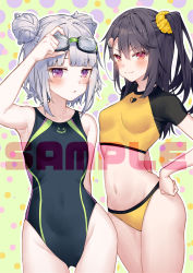 Rule 34 | 2girls, arm up, bare arms, bare shoulders, bikini, black hair, black one-piece swimsuit, blush, breasts, broken heart, closed mouth, commentary, competition swimsuit, double bun, flat chest, goggles, goggles on head, grey hair, groin, hair between eyes, hair bun, hair ornament, hand on own hip, heart, heart hair ornament, long hair, looking at viewer, multiple girls, navel, one-piece swimsuit, one side up, original, purple eyes, red eyes, sample watermark, short sleeves, small breasts, smile, swimsuit, tokuno yuika, v-shaped eyebrows, watermark, yellow bikini