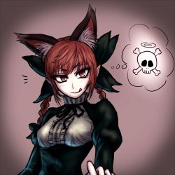 Rule 34 | 1girl, animal ears, blush, bow, braid, cat ears, corset, extra ears, gradient background, hair bow, halo, juliet sleeves, kaenbyou rin, licking lips, long sleeves, miata (miata8674), pointy ears, puffy sleeves, red eyes, red hair, skull and crossbones, solo, thought bubble, tongue, tongue out, touhou, twin braids, underbust