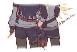 Rule 34 | 2girls, arknights, black hair, black shorts, commentary request, detached wings, energy wings, exusiai (arknights), fingerless gloves, gloves, long sleeves, multicolored hair, multiple girls, pantyhose, priestessshizuka, shorts, tail, tail grab, texas (arknights), thigh strap, twitter username, two-tone hair, wings, wolf girl, wolf tail, yuri