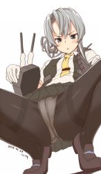 Rule 34 | &gt;:o, 10s, 1girl, :o, black pantyhose, blue eyes, dated, gin (ginshari), gloves, image sample, kantai collection, looking at viewer, miniskirt, necktie, nowaki (kancolle), panties, panties under pantyhose, pantyhose, silver hair, simple background, skirt, solo, spread legs, thighband pantyhose, tie clip, tiptoes, underwear, uniform, v-shaped eyebrows, weapon, white background, white gloves, white panties, yellow necktie