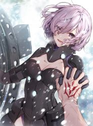 Rule 34 | 1girl, armored leotard, black gloves, black leotard, blood, breasts, cleavage, command spell, cuts, elbow gloves, fate/grand order, fate (series), fujimaru ritsuka (male), gloves, grey sky, hair over one eye, hanagata, hand tattoo, holding, holding shield, injury, large breasts, leotard, light purple hair, long sleeves, looking at viewer, mash kyrielight, mash kyrielight (ortenaus), outdoors, purple eyes, shield, short hair, sky, smile, snowing, tattoo, tears, wind, winter