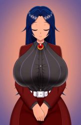 Rule 34 | 1girl, akiranime, animated, animated gif, black hair, bouncing breasts, breasts, breasts out, commission, flashing, formal, gradient background, huge breasts, jacket, jiggle, long hair, nipples, red eyes, smile, solo, standing, suit, tagme, wide hips