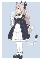 Rule 34 | 1girl, \||/, akichi 360, animal ears, black coat, black corset, black footwear, black ribbon, blush, border, breasts, brooch, cat ears, cat girl, cat tail, coat, collar, corset, dress, frilled collar, frills, full body, grey background, hair ornament, hand up, highres, jewelry, large breasts, legs together, long hair, long sleeves, looking at viewer, mary janes, mechanical ears, mechanical tail, neck ribbon, nora cat, nora cat channel, open mouth, outside border, pantyhose, red eyes, ribbon, shoes, simple background, smile, smug, solo, standing, tail, two side up, virtual youtuber, white border, white dress, white pantyhose, wide sleeves