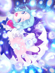Rule 34 | 1girl, :d, ascot, bad id, bad pixiv id, black footwear, blue bow, blue eyes, blue hair, bow, cirno, clumeal, danmaku, dress, eyelashes, fairy, fingernails, hair bow, highres, ice, ice wings, nail polish, open mouth, outstretched arms, puffy short sleeves, puffy sleeves, purple nails, red ascot, shoes, short hair, short sleeves, smile, snowflakes, socks, solo, teeth, tongue, touhou, white socks, wings