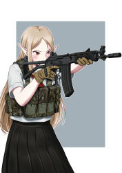 Rule 34 | 1girl, absurdres, aiming, assault rifle, blonde hair, brown eyes, camouflage, commentary, english commentary, gloves, gun, highres, holding, holding gun, holding weapon, load bearing vest, long hair, mardjan, pointy ears, rifle, rk95, sako rk 95 (upotte!!), school uniform, serafuku, simple background, solo, upotte!!, weapon