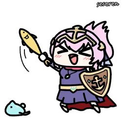 Rule 34 | &gt; &lt;, 1girl, animated, animated gif, fish, lowres, open mouth, seseren, shield, swinging