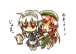 Rule 34 | 2girls, arm grab, braid, chibi, closed eyes, crying, female focus, hair ornament, hat, hong meiling, izayoi sakuya, long hair, maid, maid headdress, multiple girls, nora wanko, open mouth, red eyes, red hair, short hair, silver hair, simple background, skirt, star (symbol), streaming tears, teapot, tears, touhou, translation request, twin braids, white background