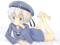 Rule 34 | 10s, 1girl, aiba kou, barefoot, beret, blue eyes, blush, head rest, clothes writing, dress, hat, kantai collection, crossed legs, looking at viewer, lying, on stomach, sailor dress, short hair, silver hair, solo, z1 leberecht maass (kancolle)