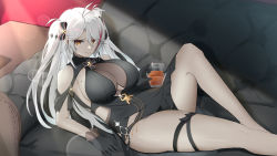 Rule 34 | 1girl, absurdres, ahoge, alcohol, azur lane, black dress, black gloves, breasts, couch, cup, dress, drink, gloves, hair ribbon, highres, holding, holding cup, holding drink, j yak47, large breasts, leg up, long hair, looking at viewer, lying, mole, mole on breast, multicolored hair, official alternate costume, on couch, prinz eugen (azur lane), prinz eugen (cordial cornflower) (azur lane), ribbon, solo, streaked hair, thigh strap, thighs, twintails, white hair, yellow eyes