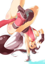 Rule 34 | 1girl, armpits, ass, breasts, brown eyes, brown hair, cleavage, fatal fury, feet, fingerless gloves, gloves, handstand, hanging breasts, highres, japanese clothes, large breasts, long hair, nonco, one arm handstand, pelvic curtain, ponytail, revealing clothes, shiranui mai, sideboob, simple background, snk, socks, soles, solo, the king of fighters, toe socks, toes, upside-down