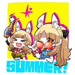 Rule 34 | &gt; &lt;, 2girls, :d, ;), > <, alternate costume, animal ear fluff, animal ears, arknights, arm up, beer bottle, black bow, blemishine (arknights), blonde hair, blue nails, blue shirt, bottle, bow, brown eyes, closed eyes, commentary request, dog-san, drop shadow, english text, eyewear pull, fang, floral print, flower, foam, hair bow, hawaiian shirt, holding, holding bottle, horse ears, long hair, multiple girls, nail polish, one eye closed, open mouth, parted bangs, ponytail, print shirt, pulling own clothes, red-tinted eyewear, red flower, round eyewear, shirt, short eyebrows, short sleeves, smile, thick eyebrows, tinted eyewear, two-tone background, upper body, whislash (arknights), white background, xd, yellow background, yellow shirt