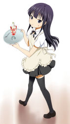 Rule 34 | 1girl, apron, black eyes, black thighhighs, blue eyes, eating, food, food on face, from above, long hair, looking up, mattaku mousuke, parfait, purple hair, solo, spoon, thighhighs, tray, waitress, walking, white background, working!!, yamada aoi