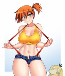 Rule 34 | &gt;:), 1girl, alternate breast size, bare arms, bare shoulders, breasts, buttons, closed mouth, collarbone, covered erect nipples, creatures (company), crop top, cutoffs, denim, denim shorts, fingernails, game freak, gen 1 pokemon, gluteal fold, green eyes, gym leader, head tilt, highres, large breasts, looking at viewer, medium hair, micro shorts, midriff, misty (pokemon), navel, nintendo, open clothes, open fly, open shorts, orange hair, pinky out, pokemon, pokemon (anime), pokemon (classic anime), pokemon (creature), psyduck, pulled by self, purple hair, shorts, side ponytail, smile, solo focus, stomach, suspenders pull, tank top, thighs, unbuttoned, unzipped, zeshgolden, zipper