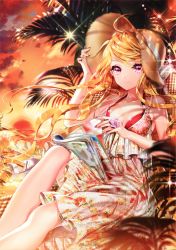 Rule 34 | 1girl, absurdres, bare shoulders, bikini, bikini under clothes, blonde hair, book, breasts, cinia pacifica, cocoon (loveririn), collarbone, dress, floral print, hat, highres, light rays, looking at viewer, magazine (object), medium breasts, open book, palm tree, plant, reading, red bikini, red eyes, sitting, sleeveless, sleeveless dress, sparkle, sun hat, swimsuit, swimsuit under clothes, sword girls, tree, white dress