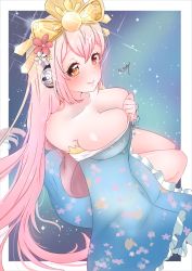 Rule 34 | 1girl, aki sakura, bare shoulders, blush, breasts, cleavage, collarbone, hair ornament, headphones, highres, japanese clothes, kimono, kimono pull, large breasts, long hair, looking at viewer, nitroplus, obi, off shoulder, pink hair, red eyes, sash, smile, solo, super sonico