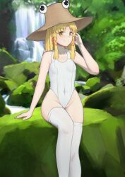Rule 34 | 1girl, absurdres, bare arms, bare hips, bare shoulders, blonde hair, blunt ends, breasts, collarbone, commentary, feet out of frame, forest, full body, hair ribbon, hand on own head, hand up, hat, highres, littiecy, looking at viewer, medium hair, moriya suwako, moss, nature, one-piece swimsuit, parted bangs, red ribbon, ribbon, river, rock, sidelocks, sitting, sitting on rock, small breasts, smile, solo, swimsuit, symbol-only commentary, thighhighs, touhou, water, waterfall, white one-piece swimsuit, white thighhighs, yellow eyes