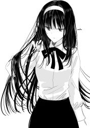 Rule 34 | 1girl, artist name, blouse, commentary request, cowboy shot, greyscale, hairband, hand in own hair, highres, long hair, long sleeves, looking to the side, monochrome, neck ribbon, ribbon, shirt, sidelocks, simple background, solo, tohno akiha, tsukihime, tsukihime (remake), wahu, white background