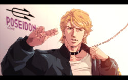 Rule 34 | 10s, 1boy, blonde hair, blue eyes, blue jacket, bomber jacket, chain, collar, imasan, jacket, keith goodman, leash, letterboxed, male focus, salute, solo, tiger &amp; bunny