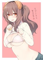 Rule 34 | 1girl, animal ears, blush, bra, breasts, brown hair, clothes lift, commentary request, dog ears, dutch angle, embarrassed, fake animal ears, fingernails, hairband, large breasts, long hair, long sleeves, looking at viewer, nail polish, navel, nekoume, original, paw pose, pink background, red eyes, sleeves past wrists, smile, solo, standing, sweater, sweater lift, translated, twintails, underwear, white bra, yellow nails