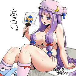 Rule 34 | 1girl, arm support, blush, breasts, crescent, fanning self, hanauna, hand fan, hat, highres, hot, kneehighs, large breasts, long hair, navel, open mouth, patchouli knowledge, plump, purple eyes, purple hair, purple socks, sitting, socks, solo, sweat, tongue, tongue out, topless, touhou, underwear