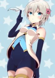 Rule 34 | 10s, 1girl, anastasia (idolmaster), blue eyes, breasts, elbow gloves, feathers, gloves, idolmaster, idolmaster cinderella girls, numahito, short hair, silver hair, simple background, small breasts, solo, star (symbol)