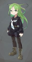Rule 34 | 1girl, black pantyhose, black sailor collar, black serafuku, black skirt, boots, commentary request, crescent, crescent hair ornament, cross-laced footwear, full body, green eyes, green hair, hair ornament, highres, kantai collection, lace-up boots, long hair, long sleeves, looking at viewer, mizoki kei, nagatsuki (kancolle), pantyhose, sailor collar, school uniform, serafuku, skirt, smile, solo, standing, white neckwear