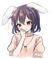 Rule 34 | +++, 1girl, absurdres, animal ears, black hair, blush, carrot necklace, dress, grin, hakurei kaede, highres, inaba tewi, jewelry, looking at viewer, necklace, one-hour drawing challenge, puffy short sleeves, puffy sleeves, rabbit ears, red eyes, short hair, short sleeves, smile, solo, touhou, upper body