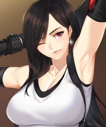 Rule 34 | 1girl, ;), absurdres, armpits, arms up, breasts, brown hair, cleavage, earrings, final fantasy, final fantasy vii, final fantasy vii remake, gloves, hibarikyoya namimori, highres, jewelry, large breasts, lips, looking at viewer, one eye closed, red eyes, signature, sleeveless, smile, solo, stretching, suspenders, tank top, tifa lockhart, undershirt, upper body, white tank top