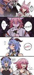 Rule 34 | !?, 16cka, 2girls, 4koma, @ @, animal ear fluff, animal ears, bell, blue hair, bodysuit, comic, commentary, curled horns, detached sleeves, eating, english commentary, english text, floppy ears, flower, fox ears, ganyu (genshin impact), genshin impact, goat horns, highres, holding, holding flower, horns, japanese clothes, long sleeves, multiple girls, neck bell, notice lines, open mouth, purple eyes, qingxin flower, ribbon-trimmed sleeves, ribbon trim, sidelocks, surprised, sweat, nervous sweating, thought bubble, wide sleeves, yae miko