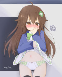 Rule 34 | 1girl, ahoge, amamiya mimori, black thighhighs, blonde dog girl (ri-net), blue jacket, blush, bow, bow panties, brown eyes, brown hair, character name, closed mouth, clothes lift, collared dress, commentary request, dress, dress lift, embarrassed, flower, green footwear, green panties, groin, hair between eyes, hair flaps, hair flower, hair ornament, hand up, highres, jacket, lifting own clothes, long hair, long sleeves, looking at viewer, navel, nose blush, open clothes, open jacket, panties, plaid, plaid panties, ri-net, shadowverse, shadowverse (anime), sleeves past wrists, solo, standing, thighhighs, underwear, very long hair, white dress