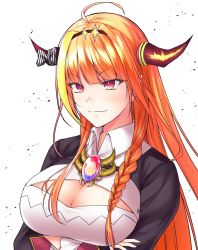 Rule 34 | 1girl, ahoge, amatlas, bow, breast hold, breasts, cleavage, crossed arms, diagonal-striped bow, dragon girl, dragon horns, highres, hololive, horn bow, horn ornament, horns, kiryu coco, kiryu coco (1st costume), large breasts, long hair, multicolored hair, orange hair, purple eyes, smile, smug, solo, streaked hair, tail, upper body, virtual youtuber