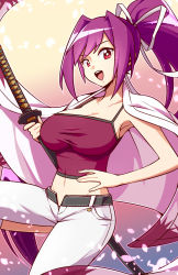 Rule 34 | 1girl, armpits, artist name, breasts, cherry blossoms, cleavage, collarbone, commentary, crop top, english commentary, gradient background, hair ribbon, highres, jacket, jacket on shoulders, large breasts, leg up, long hair, looking at viewer, lyn (shunao), magenta eyes, midriff, navel, open mouth, pants, purple hair, ribbon, solo, sword, unbuttoned, unbuttoned pants, under night in-birth, weapon, white pants, yuzuriha (under night in-birth)