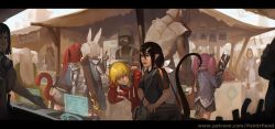 Rule 34 | animal ears, black hair, blonde hair, blue eyes, cat ears, cat tail, dark skin, facial hair, facial mark, fang, highres, holographic monitor, hood, letterboxed, long hair, market, multiple boys, multiple girls, open mouth, original, outdoors, paintrfiend, pink hair, pointy ears, ponytail, rabbit ears, red hair, short hair, short twintails, smile, sword, tail, twintails, weapon, white hair, yellow eyes