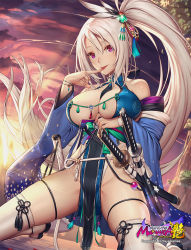 Rule 34 | 1girl, :p, bare shoulders, breasts, cleavage, covered navel, detached sleeves, licking finger, groin, japanese clothes, katana, kimono, kneeling, large breasts, leotard, licking, long hair, looking at viewer, mana (remana), official art, ponytail, purple eyes, sandals, sengoku bushouki muramasa, sheath, sheathed, smile, solo, sword, tongue, tongue out, very long hair, weapon, white hair, white legwear