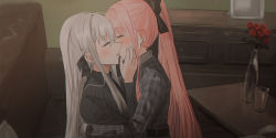 Rule 34 | 2girls, black bow, black ribbon, black sweater, blush, bow, chihuri, closed eyes, couch, cup, dress, drinking glass, ear piercing, earrings, flower, french kiss, grey dress, grey hair, hair between eyes, hair bow, hair ribbon, hand on another&#039;s face, highres, hug, indoors, jewelry, kiss, long hair, long sleeves, multiple girls, on couch, original, piercing, pink hair, plaid, plaid dress, profile, red flower, red rose, ribbed sweater, ribbon, rose, sitting, stud earrings, sweater, table, vase, very long hair, yana (chihuri), yuri, zoya petrovna vecheslova