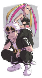 Rule 34 | 1boy, 1girl, arm tattoo, bad id, bad twitter id, black hair, black jacket, black pants, blonde hair, closed mouth, commentary request, creatures (company), dede (qwea 00000), eyeshadow, eyewear on head, frown, game freak, guzma (pokemon), hair ornament, hand on own hip, head rest, highres, hood, hooded jacket, jacket, jewelry, korean commentary, long hair, looking down, makeup, midriff, multicolored hair, necklace, nintendo, pants, parted lips, pink hair, plumeria (pokemon), pokemon, pokemon sm, quad tails, shirt, shoes, short sleeves, skull hair ornament, skull necklace, squatting, stomach tattoo, sunglasses, tank top, tattoo, team skull, two-tone hair, undercut, white footwear, white hair, white shirt, yellow-framed eyewear, yellow eyes